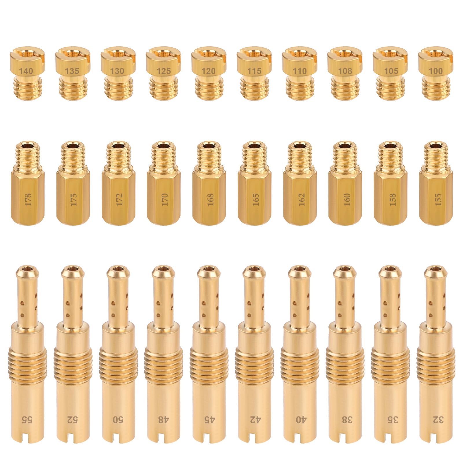 30pcs Carburetor Jet Kit, Including 10 Slow-Speed Orifices 10 PE Main Orifices 10 PWK Main Orifices Copper Pilot Carb Jet Replacement Nozzle Accessories Parts for PWK PWM CVK PE NSR KSR Carburetor