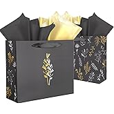 YumiTrek 12 PCS Black Gift Bags with Tissue Paper Large Sized, 11.8x10x4in Thank You Gift Bags with Handles for Birthday Present Bridal Baby Shower Mothers Day & All Occasion(Black)