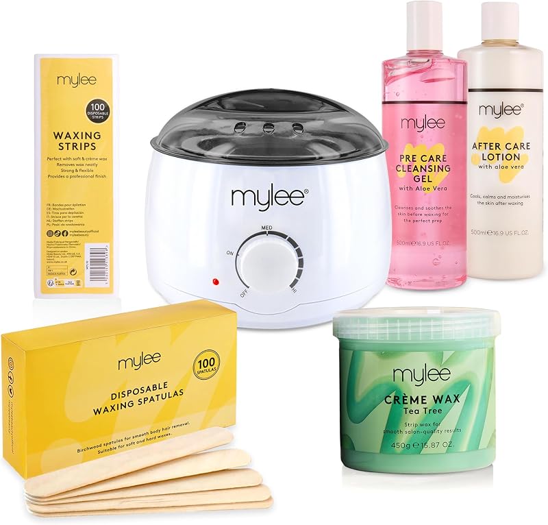MYLEE Complete Waxing Kit with Wax Heater Tea Tree Soft Wax Strips Spatulas