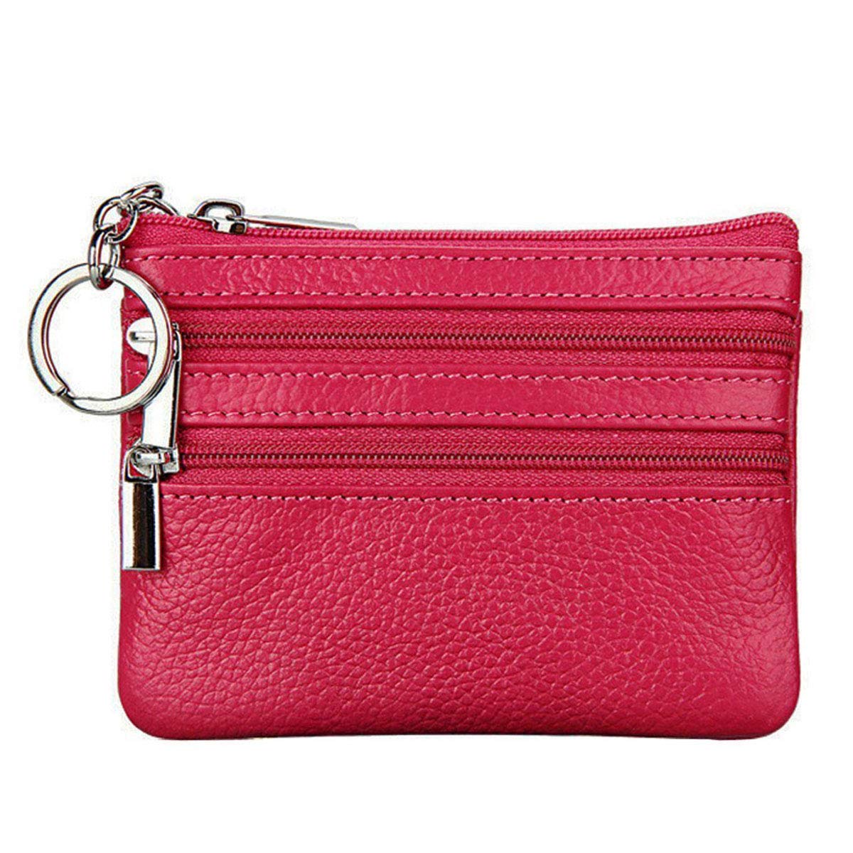SunTrader Women Ladies Genuine Leather Small Coin Card Key Ring Wallet Pouch Mini Purse (Rose Red)