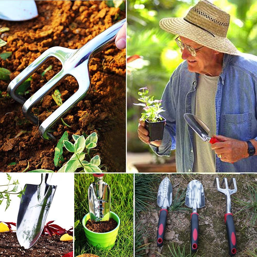 ESOW Garden Tool Set, 3 Piece Cast-Aluminum Heavy Duty Gardening Kit Includes Hand Trowel, Transplant Trowel and Cultivator Hand Rake with Soft Rubberized Non-Slip Ergonomic Handle, Garden Gifts : Garden & Outdoor
