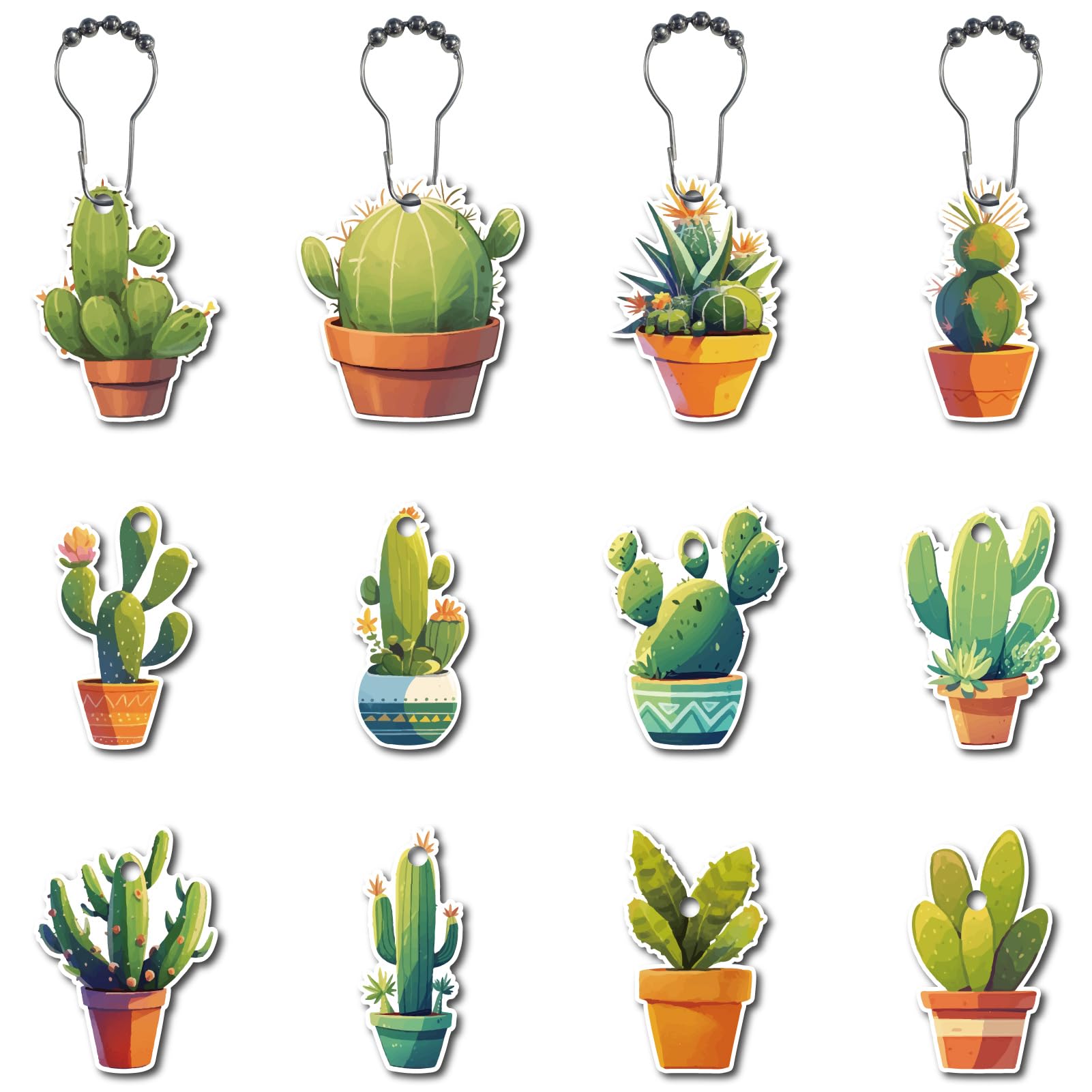 CREATCABIN 12 Styles Cactus Shower Curtain Hooks Rings Stainless Steel Curtain Hooks Wood Green Metal Shower Hooks Curtain Rings for Bathroom Accessories Shower Rods Hangers Decoration Set of 12