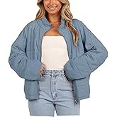 Misng Women's Oversized Quilted Jacket Lightweight Stand Collar Casual Padded Coat Fall Winter Long Sleeve with Zipper