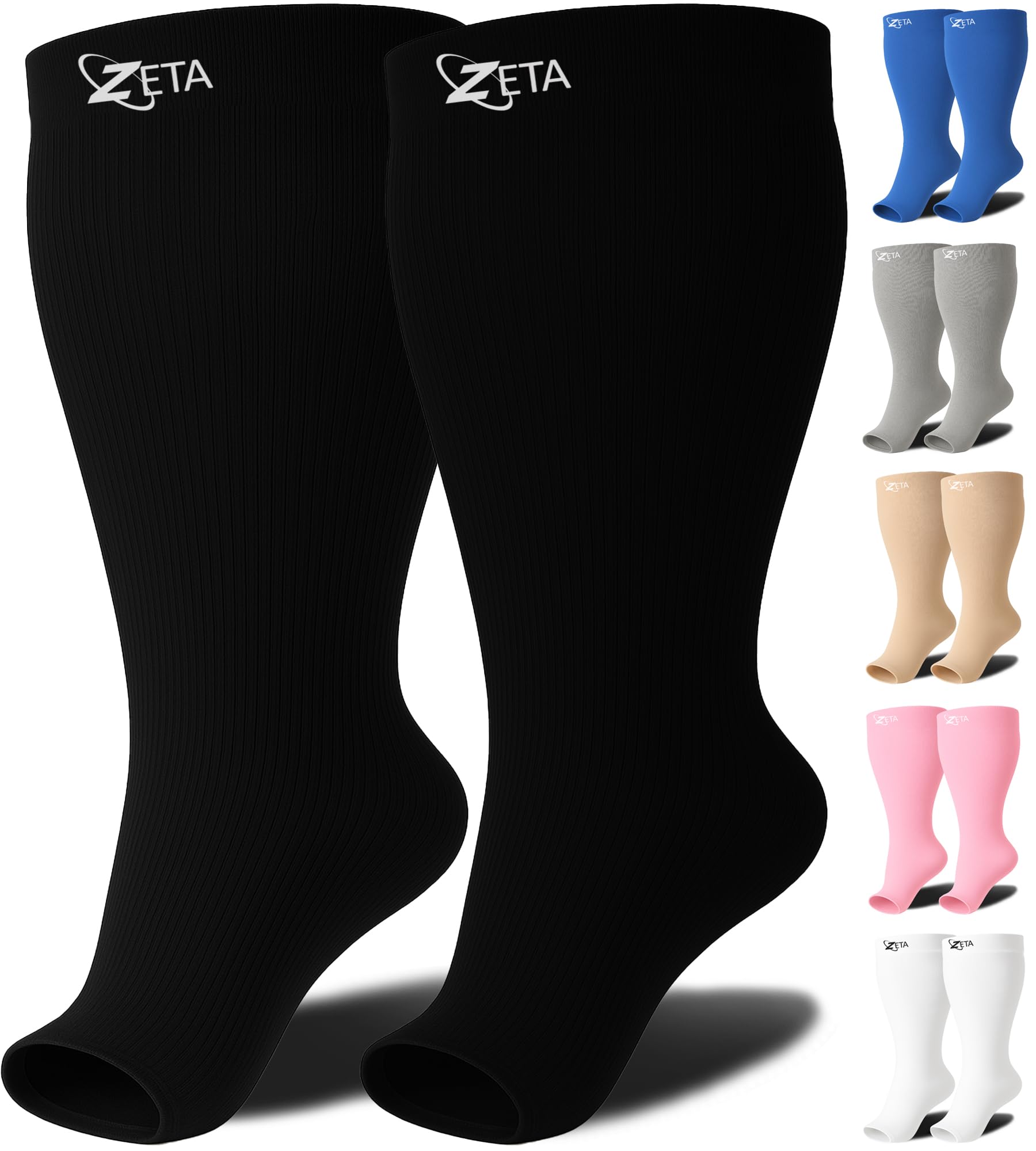Zeta Wear Plus Size Support Open Toe Socks - Wide Calf Compression, Great for Travel & Flights, Women Love Its Amazing Fit, Cotton-Rich Comfort & Soothing Relief, 1 Pair, 3XL, Black — image 1