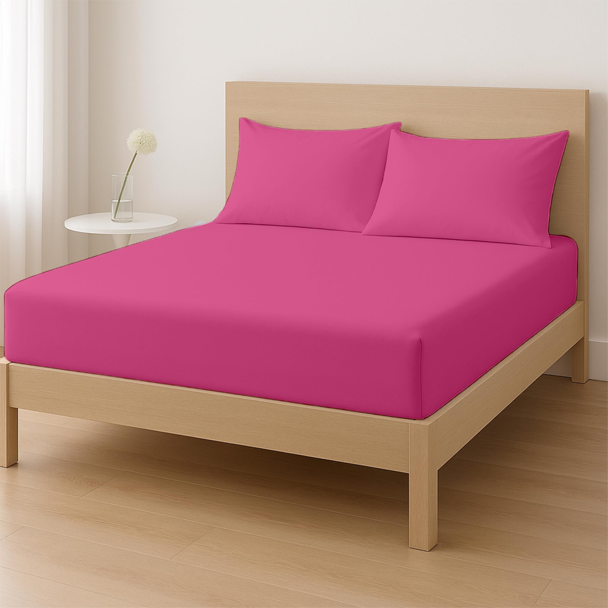 Rohi® King Size Fitted Sheet 10” (25 Cm) Depth with Two Free Pillow Cases – Easy Care – Poly Cotton Material – Shrinkage And Fade Resistant – King Bed Sheet Set (Fushia, King)