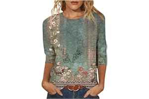 CAWRUGA Women's Tops Summer Casual 3/4 Sleeve T Shirts Loose Fit Round Neck Blouses Floral Print Graphic Tees