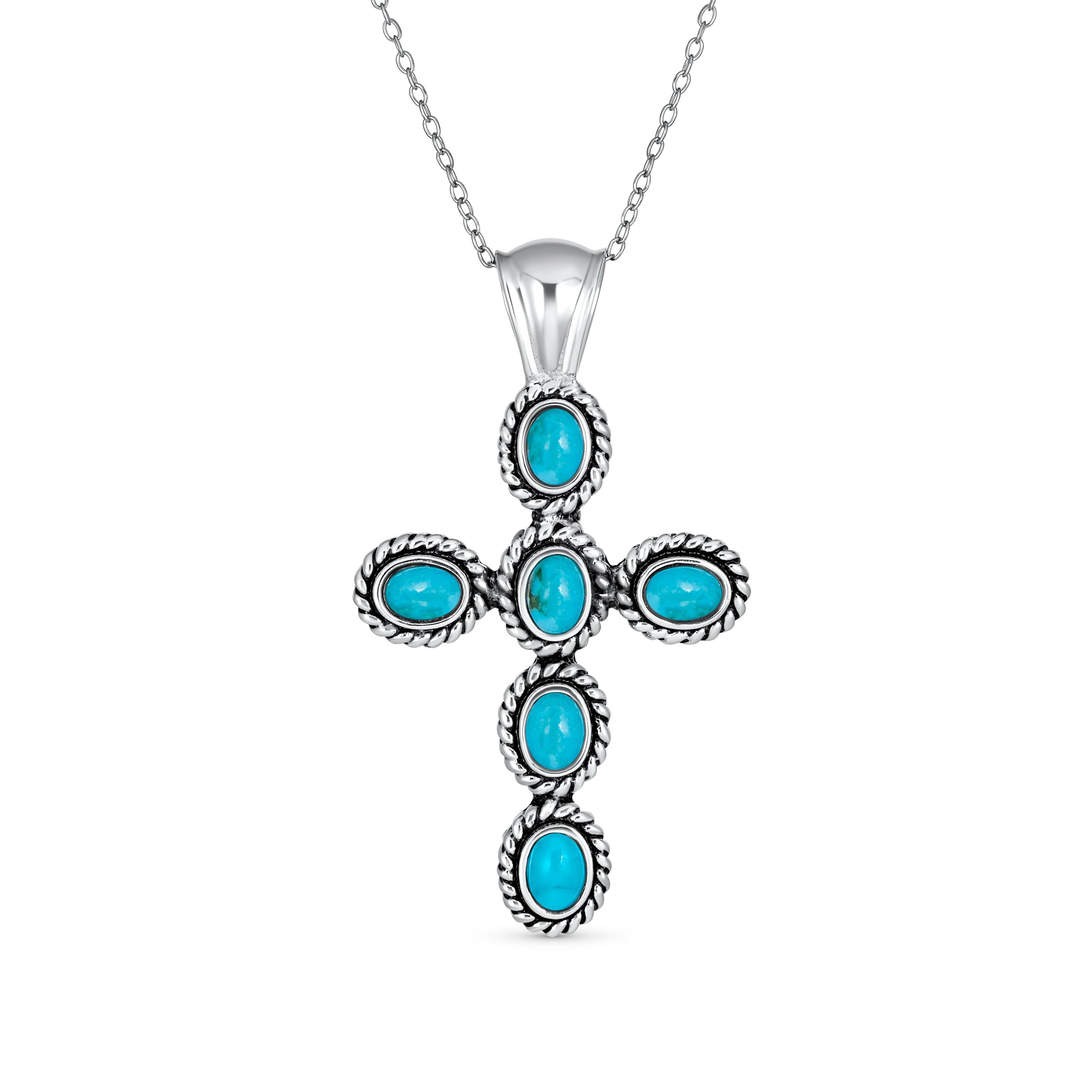 Bling Jewelry South Western Style Stabilized Blue Turquoise Rope Bezel Set Cross Pendant Necklace For Women .925 Sterling Silver