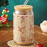 Christmas Glass Cups 16oz Iced Coffee Cups with Lids and Straws Drinking Glasses Cups Decor Glass Water Bottles Gift for Women Kids Men Cute Drinking Can Jar, Tumbler, Beer Can Gifts