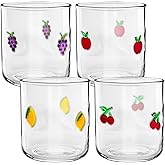 Sel Natural 4 Pcs Fruit Icon Glasses Set, 14oz Cherry Lemon Apple Grape Aesthetic Glass Cup Icon Stemless Coffee Cocktail Glassware Cup for Birthday Summer Party Supplies Gift