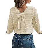 EVALESS Sweaters for Women Long Sleeve Fall Outfits 2025 Back Bow Knot Sweaters Round Neck Solid Knit Pullover Tops
