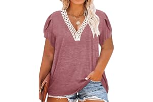BINSHRE Plus Size Top for Women Lace V Neck Long Sleeve Blouse Trendy Cute Loose Solid Color Shirt