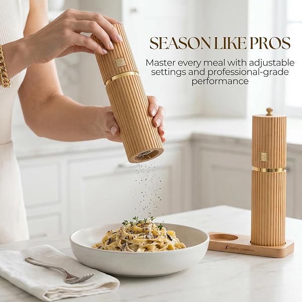 WOODEN SALT AND PEPPER GRINDER SET – REFILLABLE BEECHWOOD SALT & PEPPER MILLS WITH GOLD ACCENTS, ADJUSTABLE CERAMIC MILL, MATCHING WOOD STAND – PREMIUM KITCHEN GIFT SET