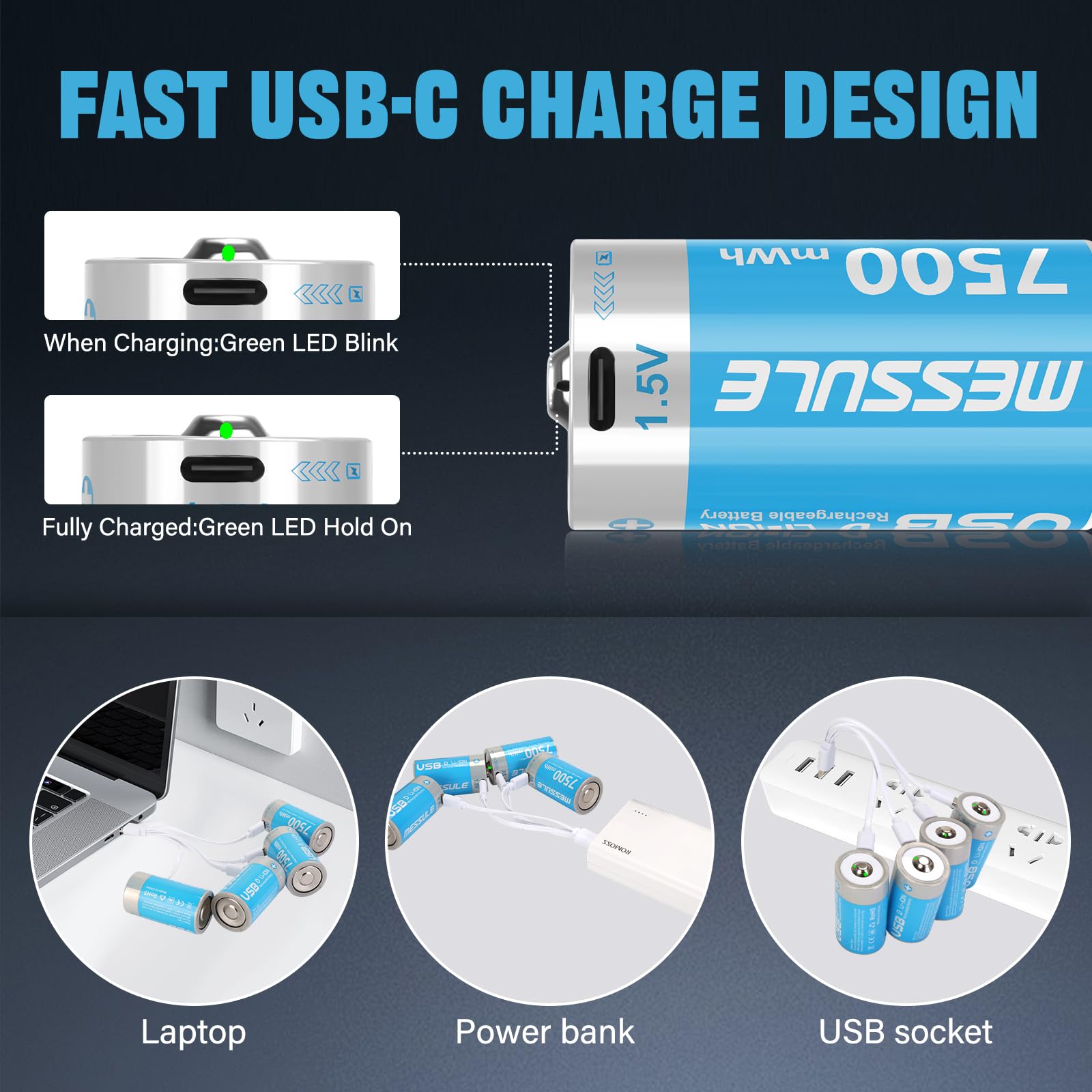 messule Rechargeable Lithium D Batteries with 4 in 1 USB-C Charge Cable,8 Pack D Cell Li-ion Battries,LR20 1.5V D Size Cell Battery Replacement 7500mWh for Floodlight Toys(8 Pcs)
