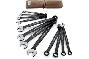 ironcube Combination Wrenches, 12-Piece Metric Wrench Set 8-19mm, Tough Black, With Wax Canvas Storage Bag, Motorcycle Maintenance Toolkit