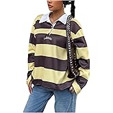 SweatyRocks Women's Striped Button Up Shirts Long Sleeve Color Block Collared Tees Streetwear Rugby Loose Tops