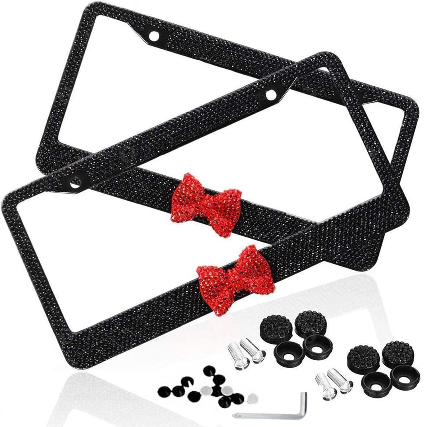 Photo 1 of 2 Pack Diamond License Plate Frame with Bow Tie, Luxury Black Glass Crystal Rhinestone Bling License Plate Frame, Stainless Sparkly Bedazzled License Plate Frames for Women Cute with Anti Theft Screw