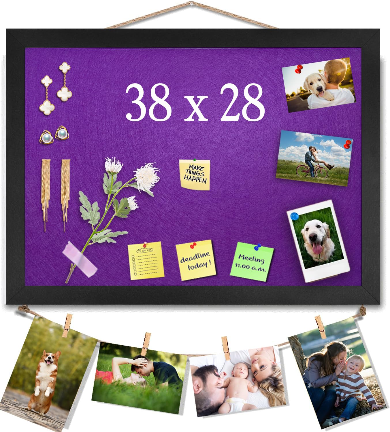 Purple Bulletin Boards Cork Board with Felt, 38x28CM Small Display Pin Board Vision Board for Walls, Jewelry, Notes, Collection, Photos, Office, Black Framed and Purple Felt Board, 1pc, UK