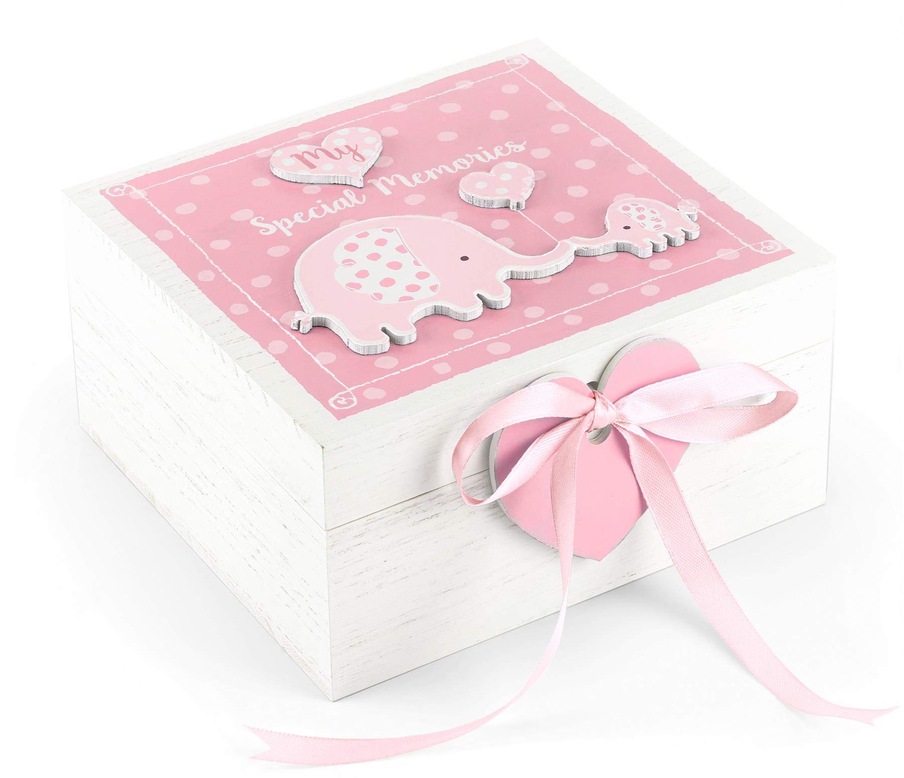 Mousehouse Gifts - Baby Memory Box with Pink Elephant Design, Wooden Keepsake Box for Precious Childhood Treasures (Pink)