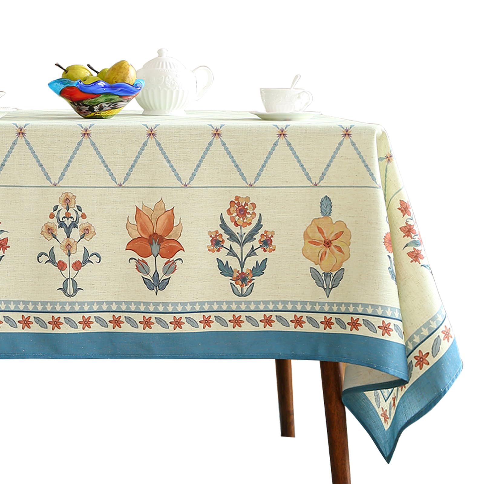 ISAENNE Designer Linen Floral Small Rectangle Tablecloth,Light Green Farmhouse Durable Table Cloth,Washable Decor Tablecloths for Dining Kitchen Thanksgiving Christmas,55"*71"-Floralsea B Image