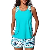 Summer Mae Blouson Tankini Swimsuits for Women 2026 Tummy Control Two Piece Bathing Suits with Sporty Pockets Swim Shorts