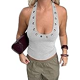 KIGRAD Women Y2k Punk Grommet Eyelet Halter Neck Crop Tank Tops Slim Fitted Sleeveless Backless Grunge Summer Shirts
