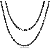 FOSIR Black Rope Chain for Men, Stainless Steel Chain Necklace, 2.5mm 3mm 4mm 5mm Twist Mens Necklace