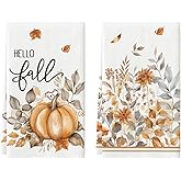 Artoid Mode Pumpkin Hello Fall Kitchen Towels Dish Towels, 18x26 Inch Autumn Floral Leaves Thanksgiving Decoration Hand Towels Set of 2