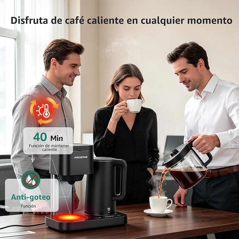 Cafetera de Goteo 3‑en‑1, 1600W, 1.3L/8 Tazas,Temp. 60‑100°C, Panel Táctil LED, 2 Filtros,Negro