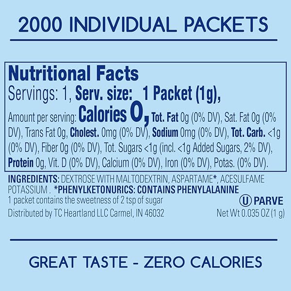 COMPLEMENTS ZERO CALORIE ASPARTAME BLUE SWEETENER PACKETS, 2000 COUNT