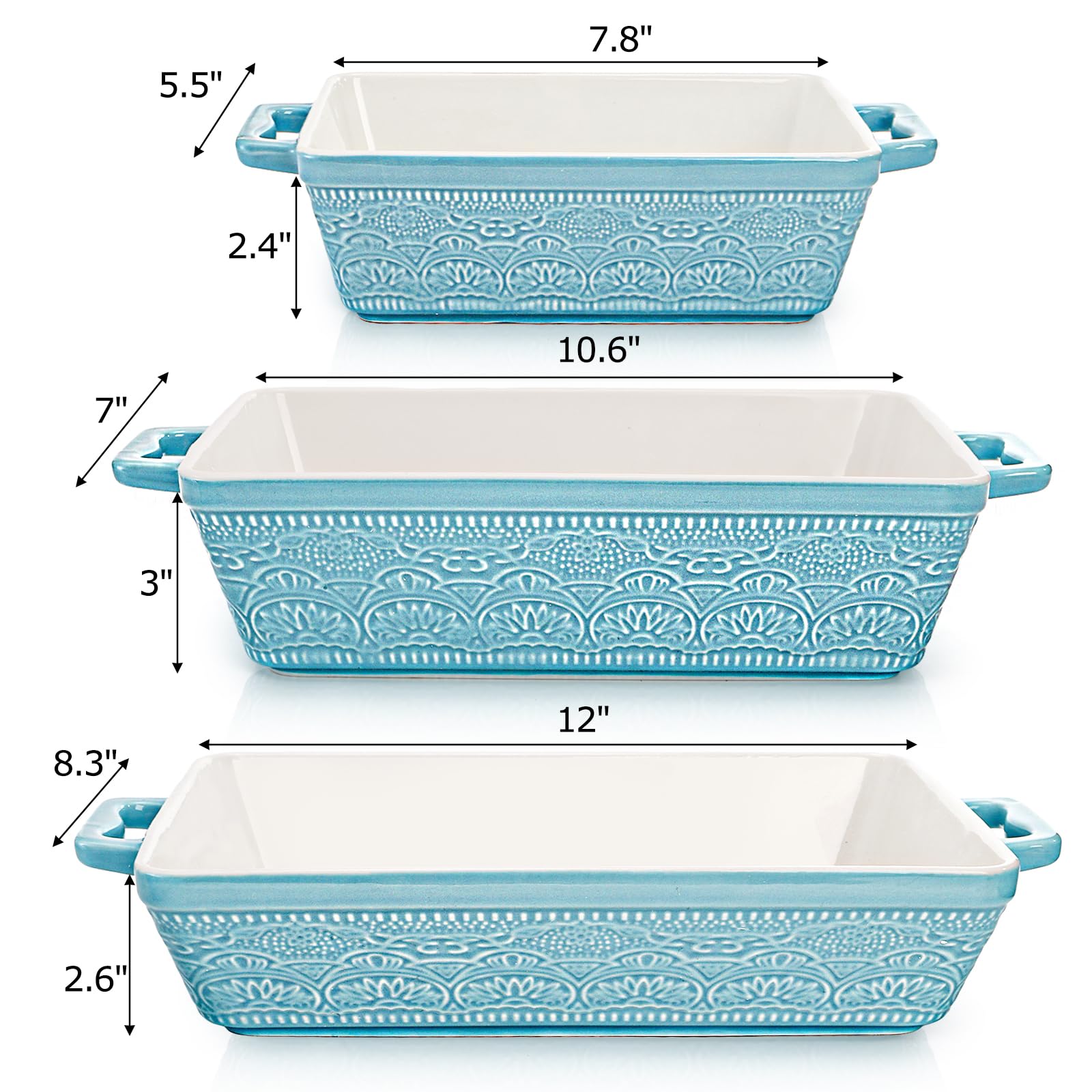 Hacaroa Set of 3 Ceramic Baking Dishes, Rectangular Bakeware with Handles, Elegant Casserole Dish Set Lasagna Pan for Baking, Cooking, Cake Dinner, Banquet, Lake Blue, 3 Sizes
