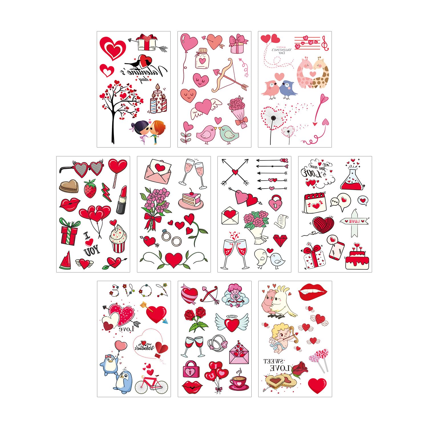 Luckious Valentine's Day Temporary Tattoos - 10 Sheets of Love-themed Face and Body Stickers for Girls, Adults, Teens - Cartoon Couple Confession Proposal Face and Arm Tattoo Stickers