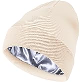 Satin Lined Beanie Hat for Women Men, Wool Knit Cuffed Silk Lining Fisherman Beanies Slouchy Warm Winter Hats Skull Cap