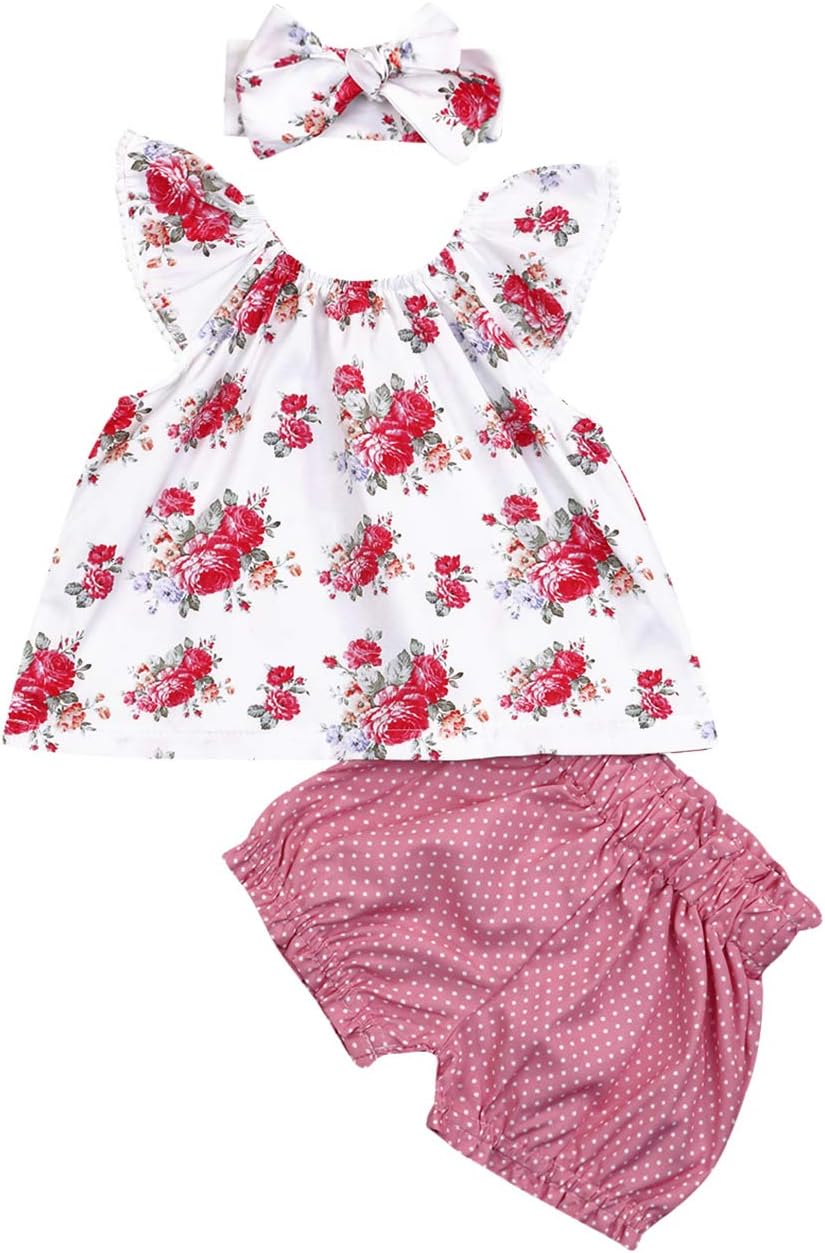 Baby Girls Clothes Set Ruffle Sleeve Floral Top T-Shirt with Wave Point Bloomer Shorts Headband 3pcs Outfits