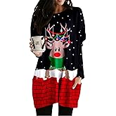 MOUSYA Women Dress Shirt Christmas Long Sleeve Tops Santa Printed Pullover Loose Plus Size T-Shirt Blouse with Pockets