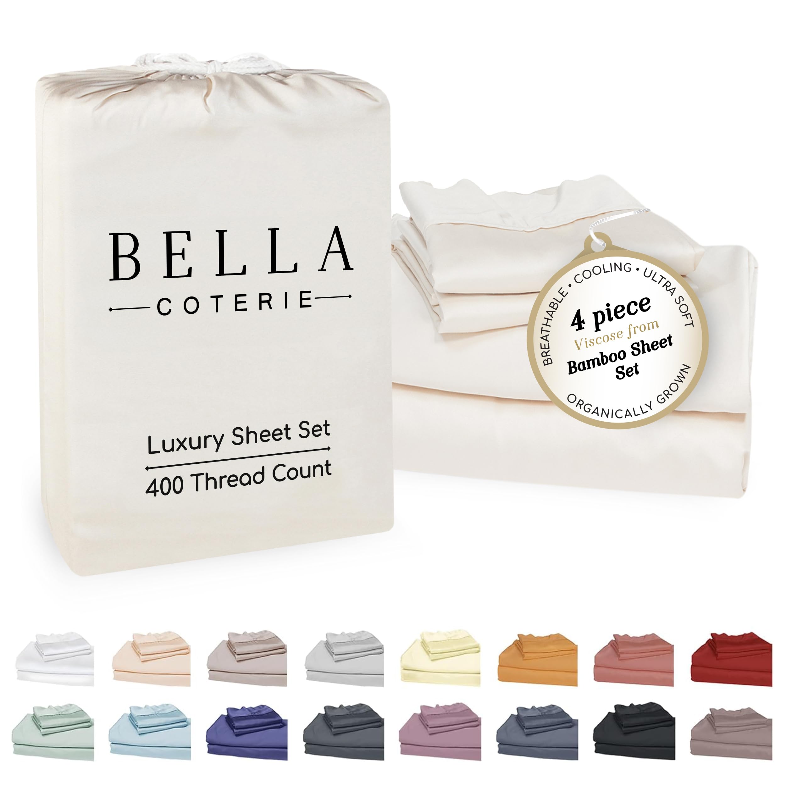 Bella Coterie Luxury Queen Size Bamboo Sheet Set | Organically Grown | Ultra Soft | Cooling for Hot Sleepers | 18" Deep Pocket | Viscose Made from Bamboo [Ivory] — image 1