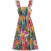 SOLY HUX Women's Summer Tropical Midi Dresses Square Neck Beach A-Line Sun Casual Boho Floral Print Flowy Long Dress