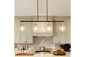 ZOAKLIGHEN Island Light for Kitchen, 4-Light Black and Gold Kitchen Island Farmhouse Linear Hanging Pendant Chandeliers, Matte Black Dining Room Light Fixture Over Table with Clear Round Glass Shades