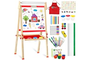 BASYTODIO Easel for Kids, Art Easel for Kids Ages 4-8 Adjustable Double-Sided Wooden Toddler Painting Easel with Paper Roll Magnetic Whiteboard & Chalkboard Drawing Board 2-4 3-5 Boy Girl Gifts 3 4 5 Year Old