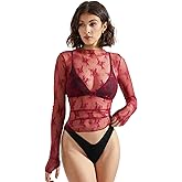 SUUKSESS Women Sexy Mesh Sheer Long Sleeve Tops Mock Neck Going Out Lace Shirts