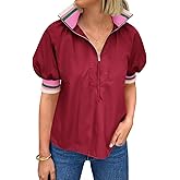Tankaneo Womens Puff Sleeve Tops Blouse Color Block Half Zip V Neck Pullover Trendy Summer Casual Loose Fit Shirts