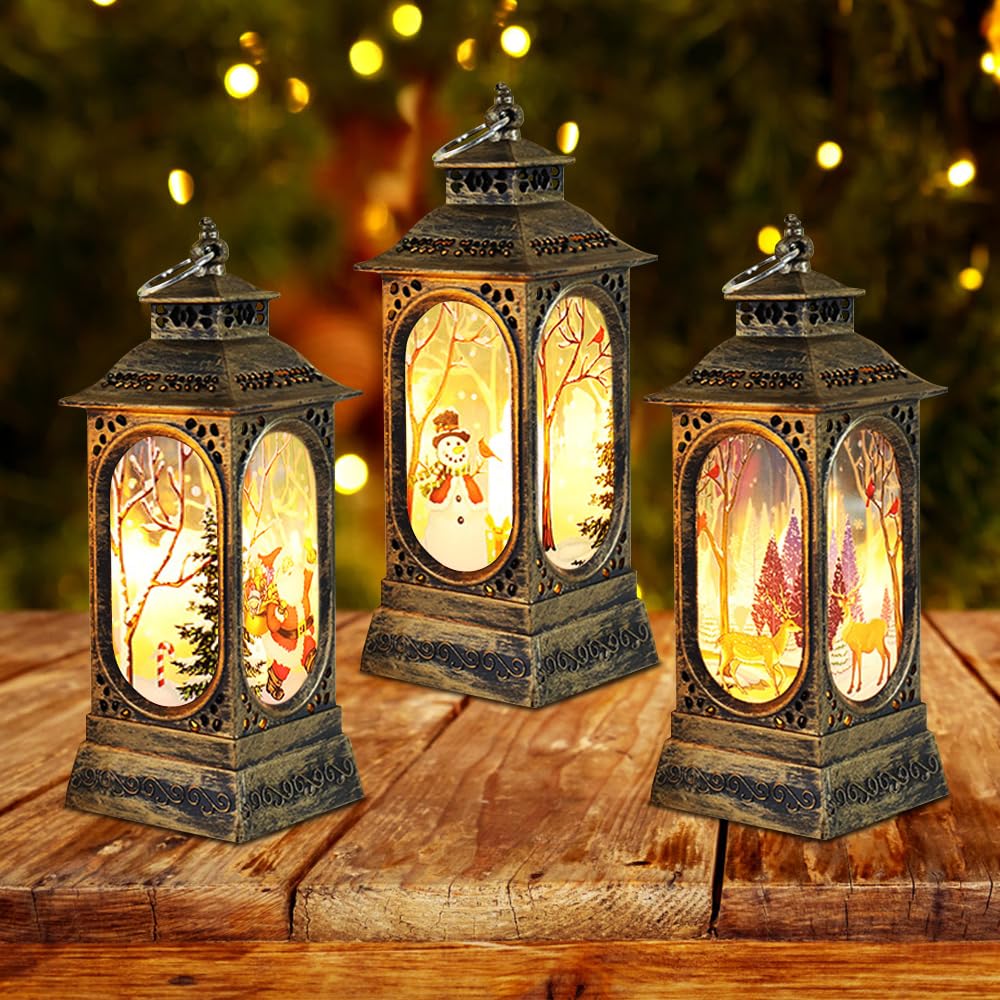 Christmas Lantern, 3PCS Christmas Decorations Lights Vintage Xmas Candle LED Wind Lantern with Santa Claus Elk Snowman Pattern Decor Christmas Lanterns for Christmas Table Decoration