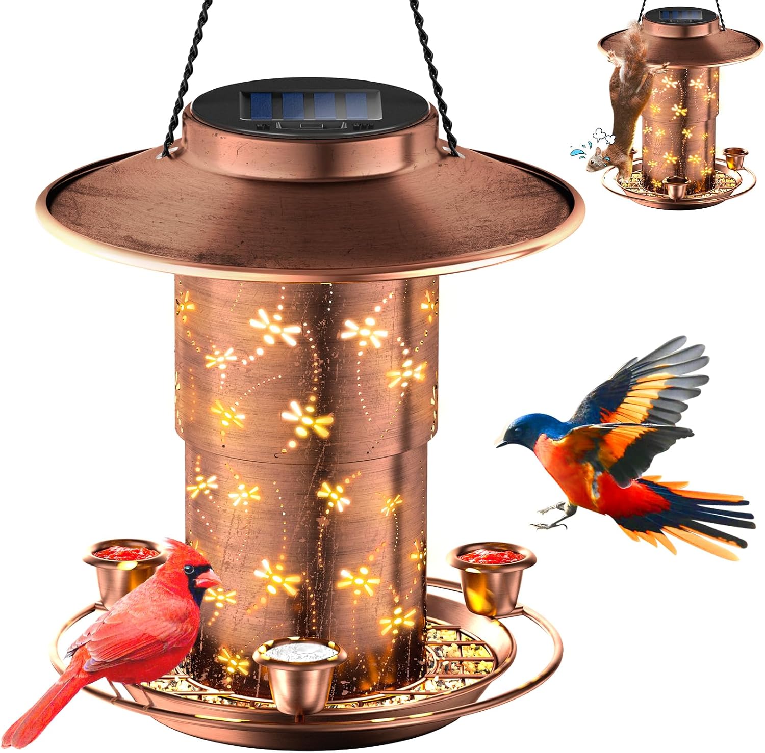 Backyard Birding & Wildlife - Solar Bird Feeder for Outdoors Hanging, Metal Squirrel Proof Wild Bird Feeder for Cardinals Solar Outside Garden Lantern with S Hook as Gift Ideas for Bird Lovers