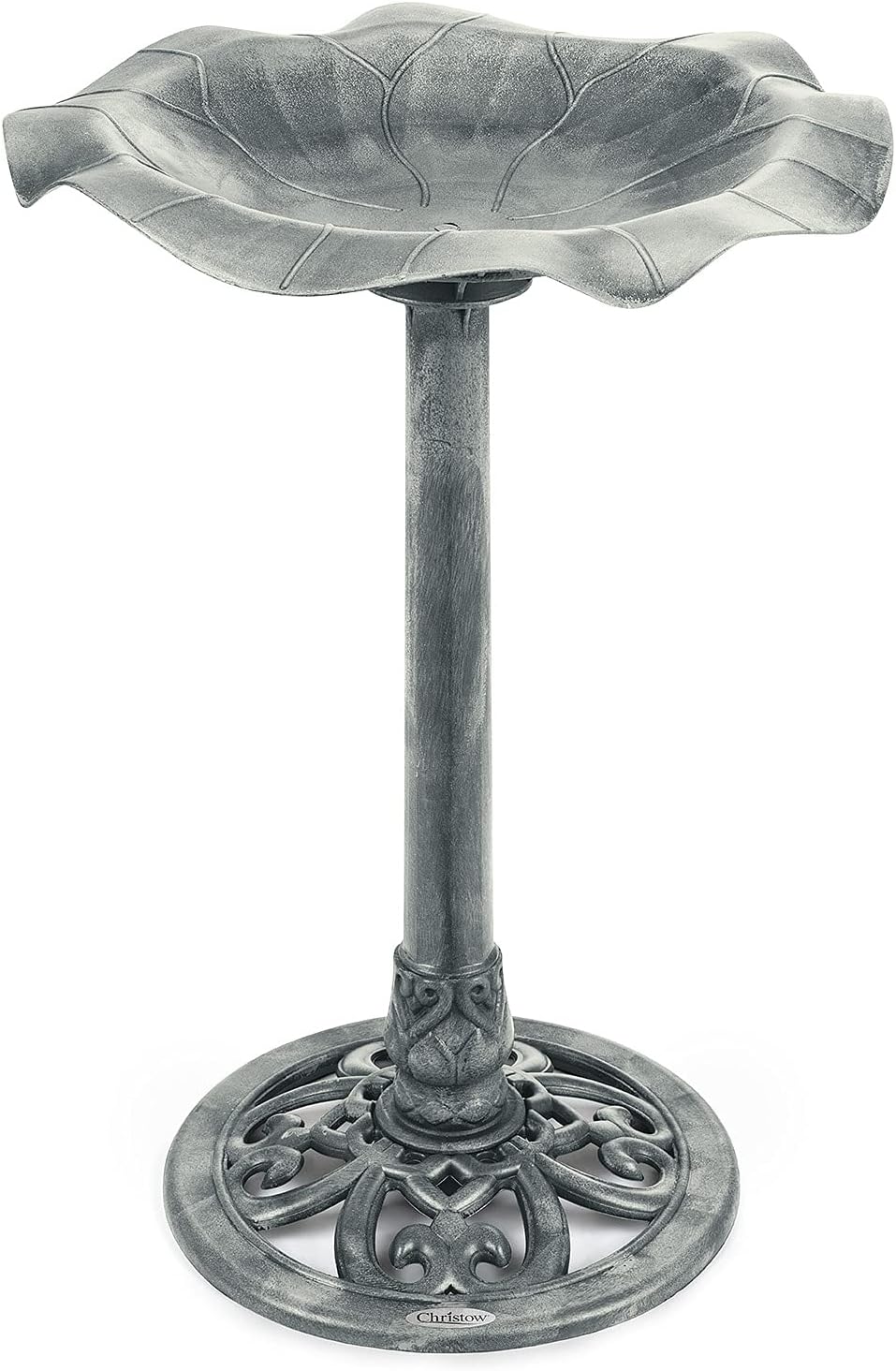 CHRISTOW Plastic Resin Bird Bath Lily Leaf Pedestal Grey 60cm 43cm