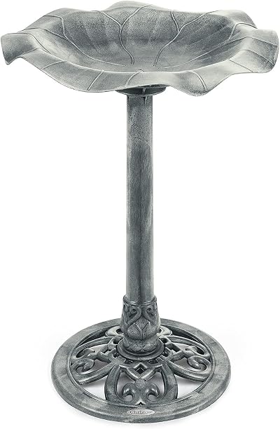 CHRISTOW Plastic Resin Bird Bath Lily Leaf Pedestal Grey 60cm 43cm