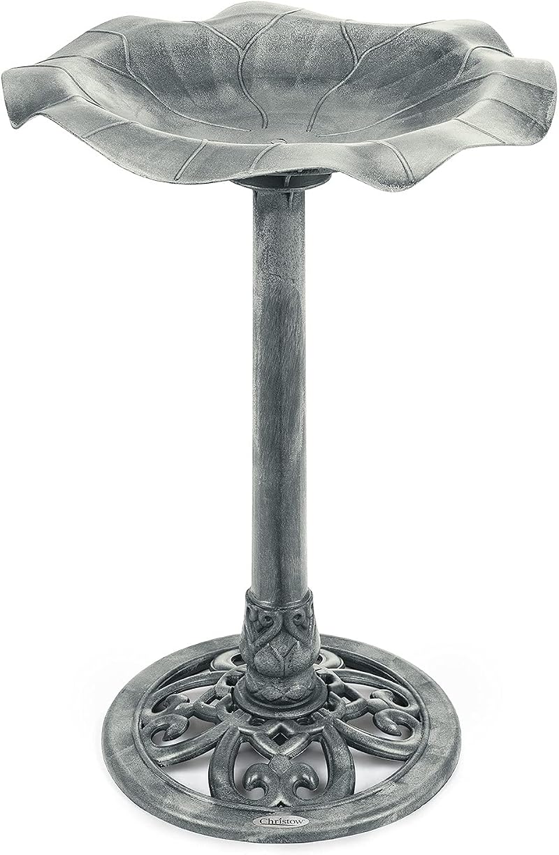 CHRISTOW Plastic Resin Bird Bath Lily Leaf Pedestal Grey 60cm 43cm