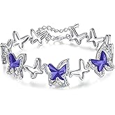 GEMMANCE Valentine's Day Gift For Women Butterfly Link Charm Bracelet with Premium Birthstone Crystal, Silver-Tone, 7”+2” Chain