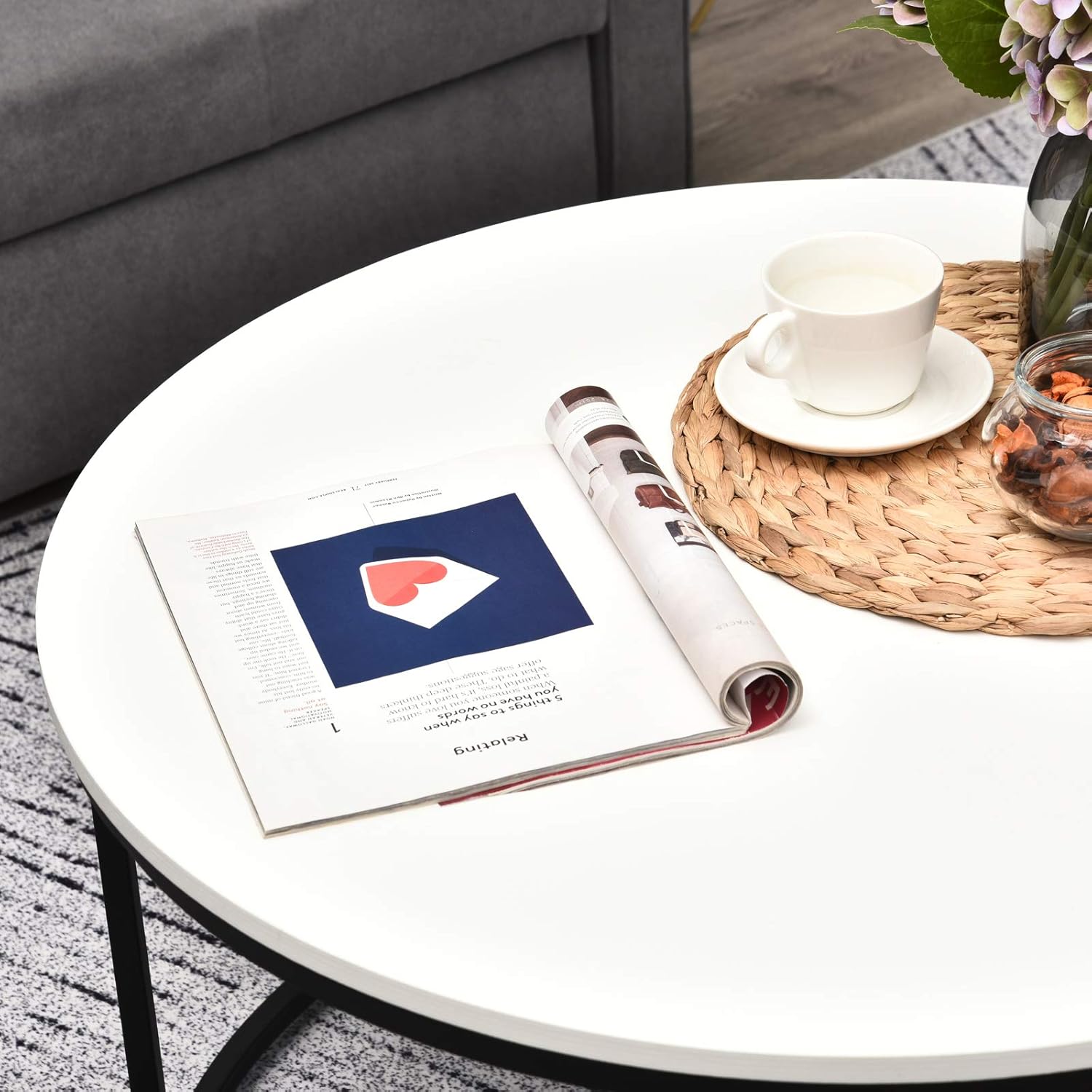 HOMCOM Wood Round Coffee Sofa Table Side with a Modern Design, Black Metal Frame and Easy Maintenance, White: Furniture & Decor
