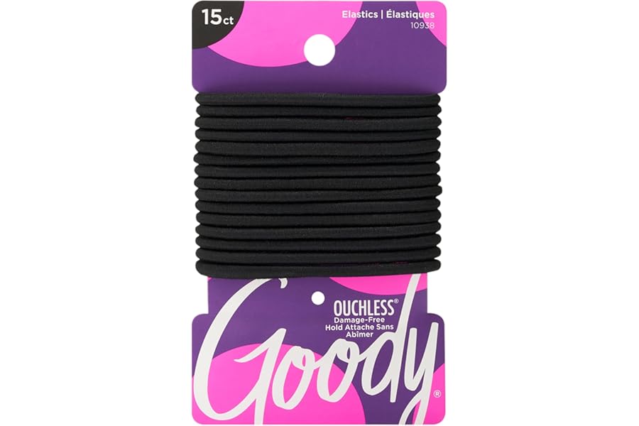 Goody Ouchless Hair Elastics – No Pull, No Breakage, Tangle-Free Hold for Thick, Curly, Coily & Textured Hair – 15 Count, Black, Long-Lasting Ponytail Holders for Women & Men