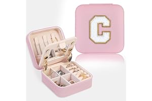 FUNARTY Travel Jewelry Case Organizer, Gifts for Women, Small Jewelry Box Jewelry Organizer, Necklace Organizer Earring Organizer Box with Mirror, Pink Travel Essentials Initial C