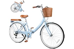 kaiwrxin 26 Inch Folding Beach Cruiser Bike for Women, 7-Speed Ladies Bike with Basket & Rack